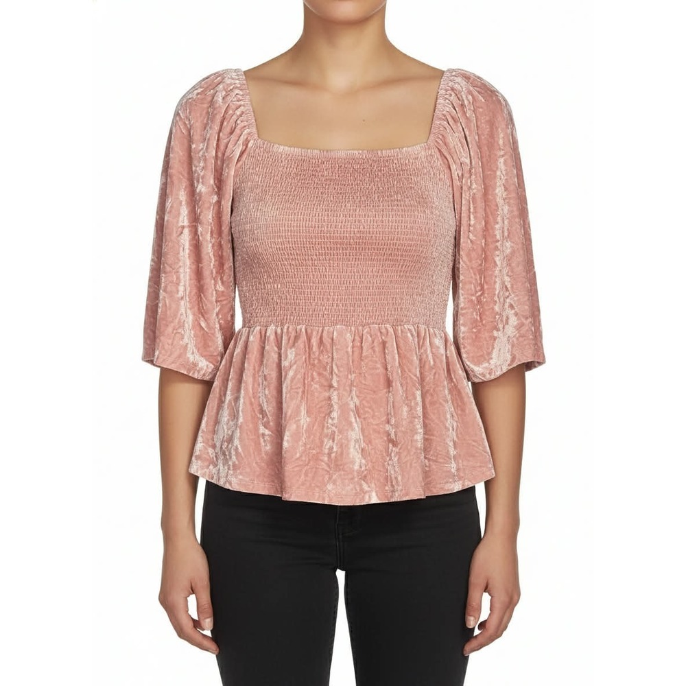 Belle Du Jour Crushed Velvet Sq Neck Smock Blouse Sz L Boho Barbiecore Luxe pink